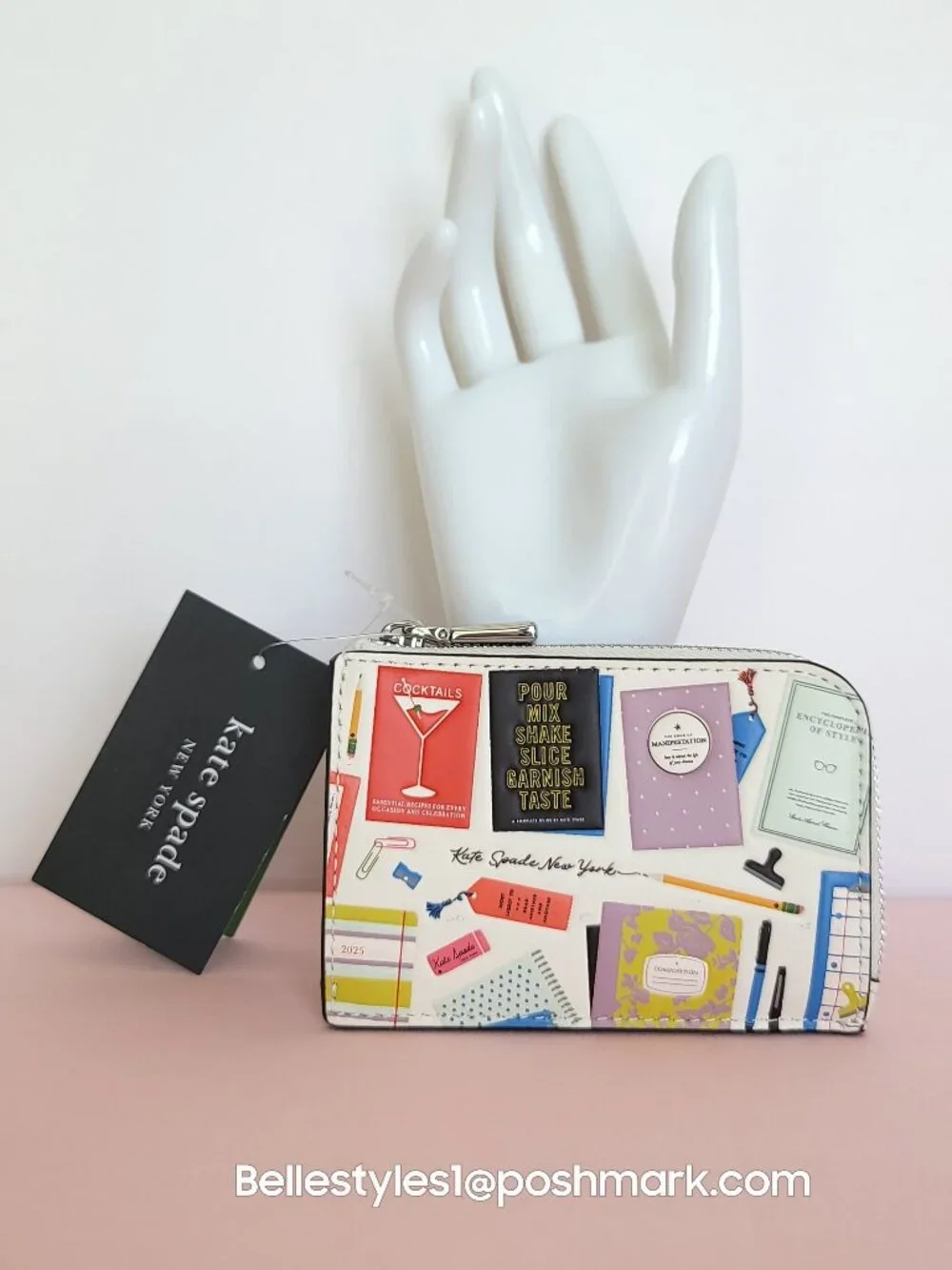 KATE SPADE Mini Zipper ID Card Case in Smooth Leather w Print-Cream multi⭐